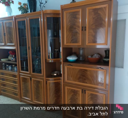 ארון עץ עם דלתות זכוכית ומדפים פתוחים